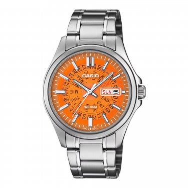 Casio Gents MTP-E740 Series Orange Dial Stainless Steel Strap Watch