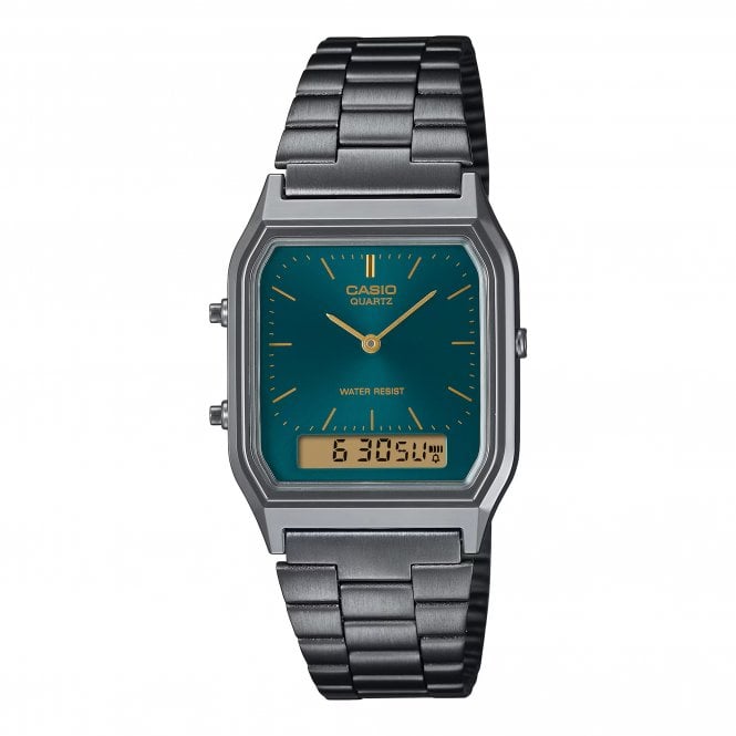 Casio  Unisex Vintage Edgy Collection Green Dial Grey Stainless Steel Watch