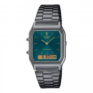 Casio Unisex Vintage Edgy Collection Green Dial Grey Stainless Steel Watch