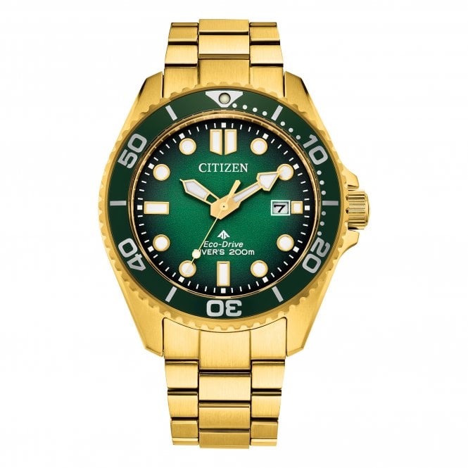 Citizen  Gents Promaster Diver Green Dial Gold Tone Stainless Steel Eco Drive Watch