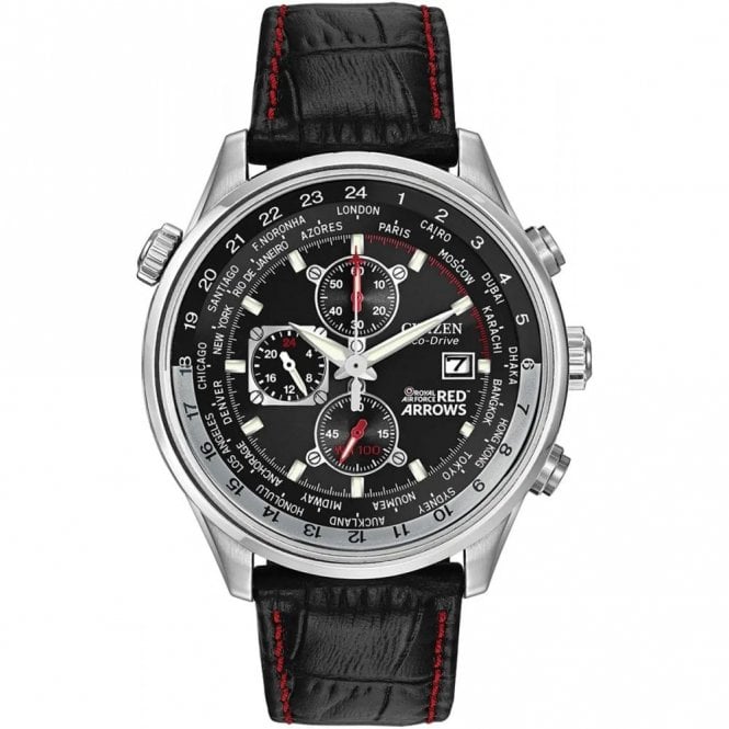 Citizen  Gents Red Arrows WR100 Eco-Drive Chronograph Black Leather Strap Watch