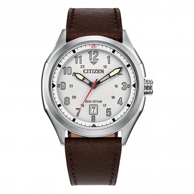 Citizen  Gents Terra Force Silver Dial Brown Leather Strap Eco Drive Watch