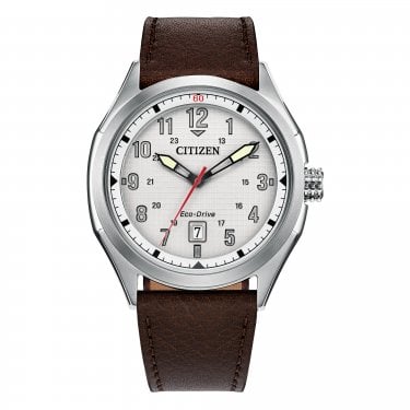 Citizen Gents Terra Force Silver Dial Brown Leather Strap Eco Drive Watch