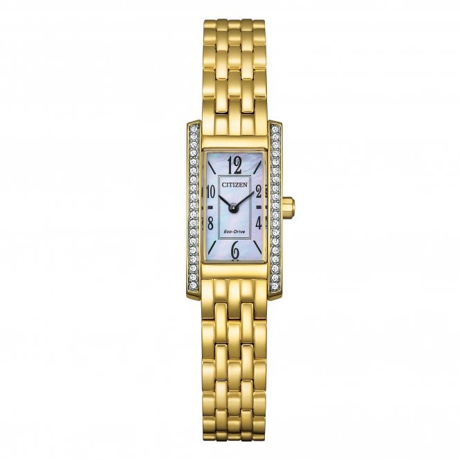 Citizen  Ladies Petite Palidoro Crystal Mother of Pearl Dial Gold Tone Stainless Steel Eco Drive Watch