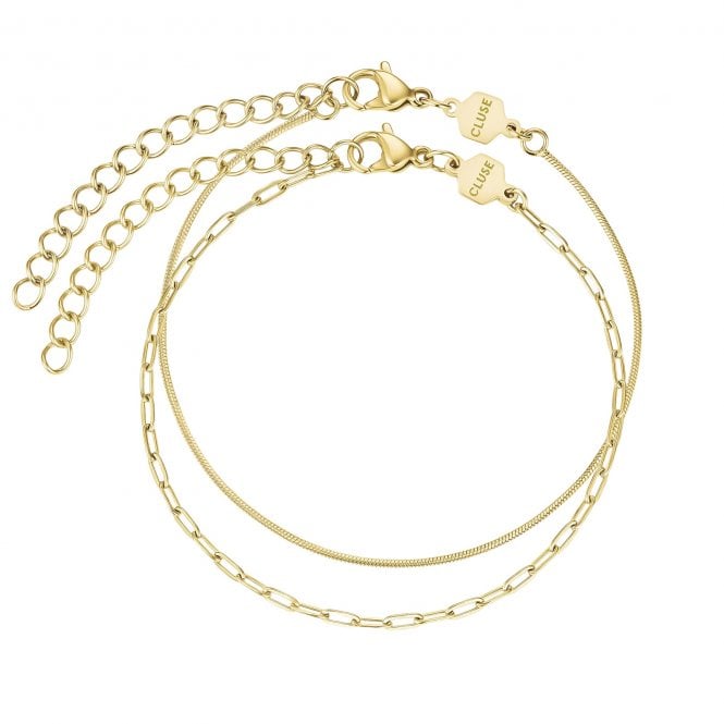 Cluse  Essentielle Paperclip & Round Snake Chain Gold Tone Bracelet Set 16-20cm