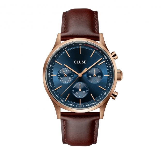 Cluse  Gents Anthéor Multifunction Blue Dial Brown Leather Strap Watch 