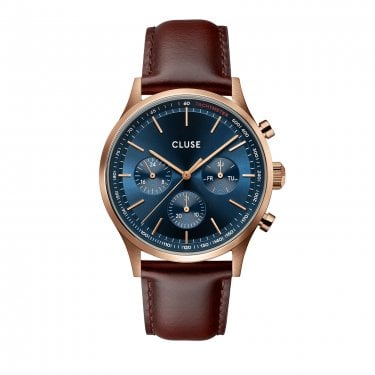 Cluse Gents Anthéor Multifunction Blue Dial Brown Leather Strap Watch 