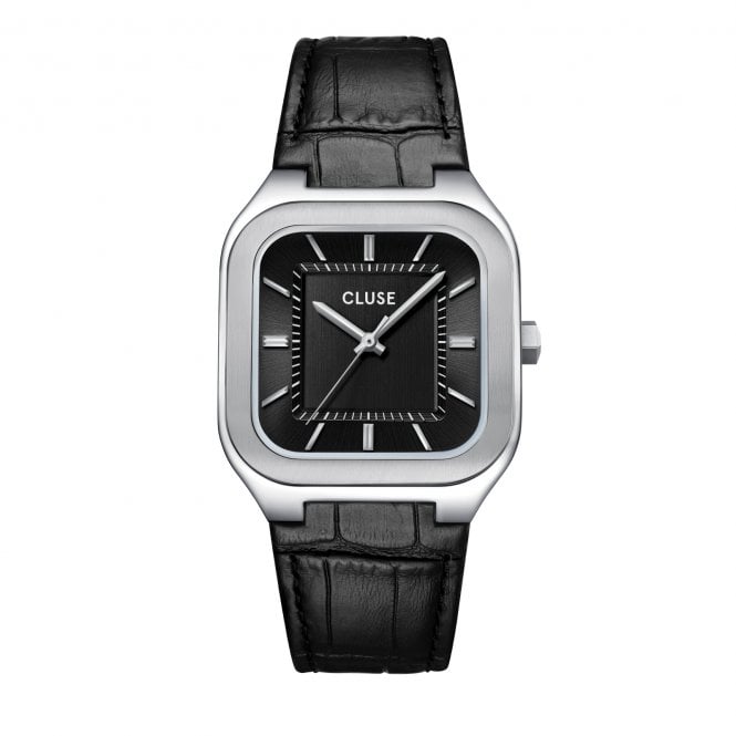 Cluse  Gents Quadrus Black Dial Black Leather Strap Watch