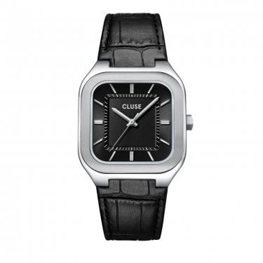 Cluse Gents Quadrus Black Dial Black Leather Strap Watch