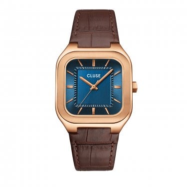 Cluse Gents Quadrus Blue Dial Brown Leather Strap Watch
