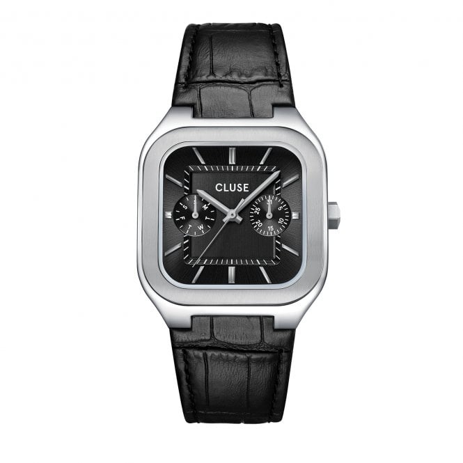 Cluse  Gents Quadrus Multifunction Black Dial Black Leather Strap Watch
