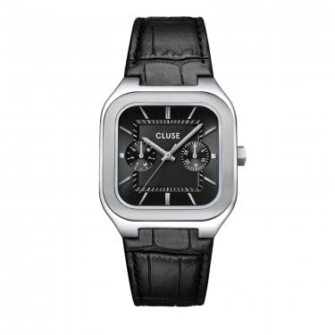 Cluse Gents Quadrus Multifunction Black Dial Black Leather Strap Watch
