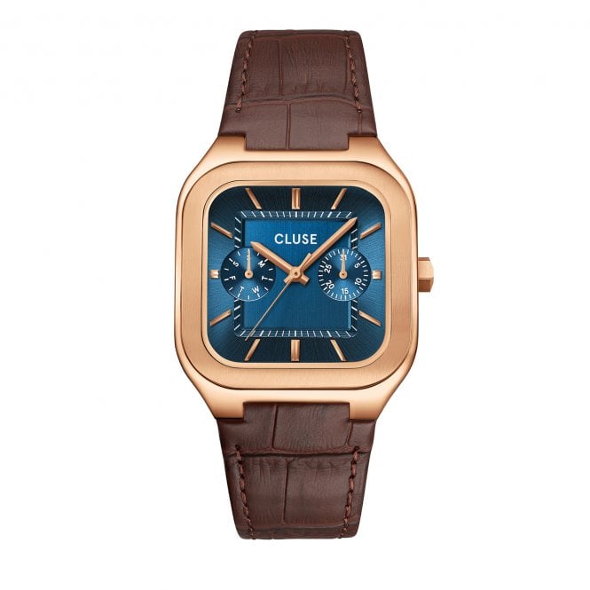 Cluse  Gents Quadrus Multifunction Blue Dial Brown Leather Strap Watch