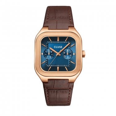 Cluse Gents Quadrus Multifunction Blue Dial Brown Leather Strap Watch
