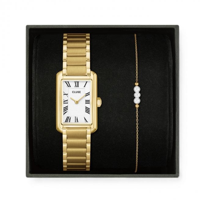 Cluse  Ladies Belisenna Gold Tone Stainless Steel Watch & Pearl Chain Gold Tone Bracelet Gift Box