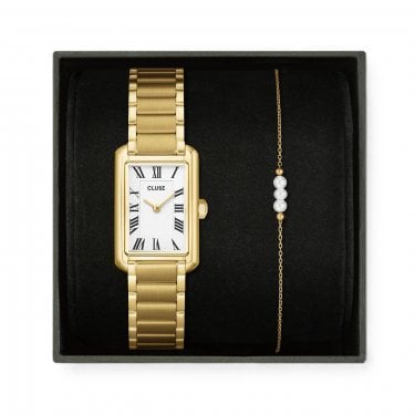Cluse Ladies Belisenna Gold Tone Stainless Steel Watch & Pearl Chain Gold Tone Bracelet Gift Box