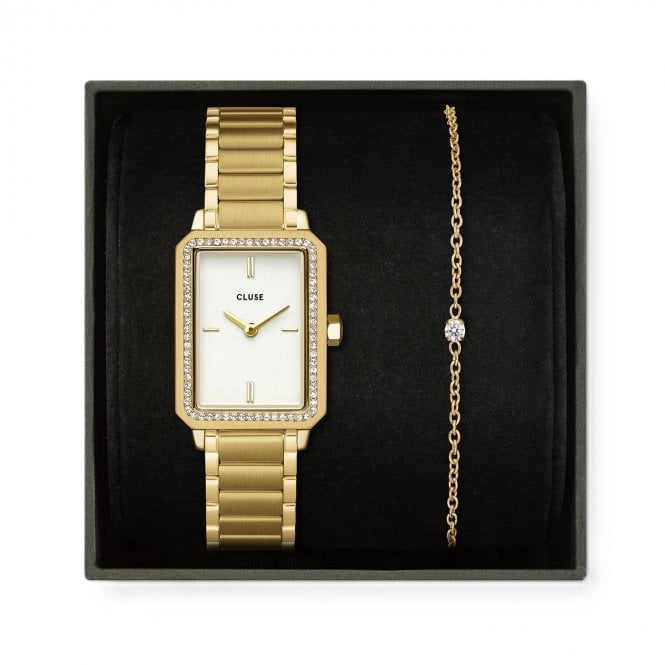 Cluse  Ladies Fluette CZ Dial Gold Tone Stainless Steel Watch & CZ Gold Tone Bracelet Gift Box