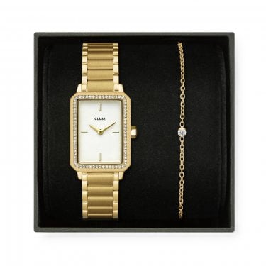 Cluse Ladies Fluette CZ Dial Gold Tone Stainless Steel Watch & CZ Gold Tone Bracelet Gift Box