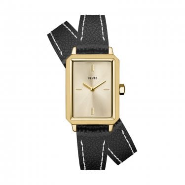 Cluse Ladies Fluette Gold Dial Black Leather Double Strap Watch