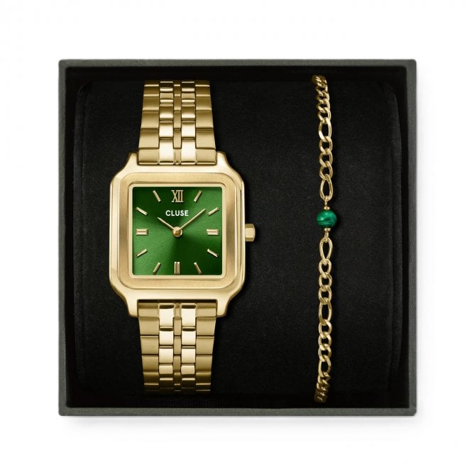 Cluse  Ladies Gracieuse Green Dial Gold Stainless Steel Watch & Malachite Bracelet Gift Box