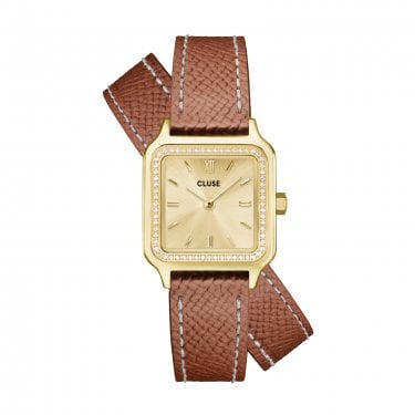 Cluse Ladies Gracieuse Petite CZ Gold Dial Nutshell Leather Double Strap Watch
