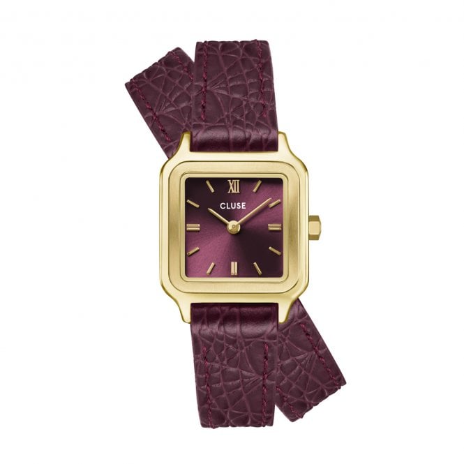 Cluse  Ladies Gracieuse Petite CZ Wine Dial Crocodile Leather Double Strap Watch