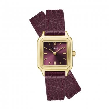 Cluse Ladies Gracieuse Petite CZ Wine Dial Crocodile Leather Double Strap Watch