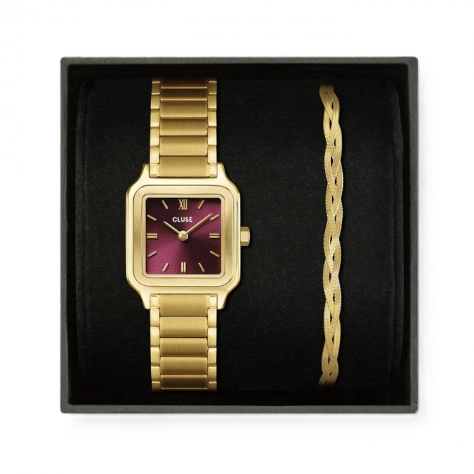 Cluse  Ladies Gracieuse Petite Dark Cherry Dial Gold Tone Stainless Steel Watch & Braided Snake Gold Tone Bracelet Gift Box