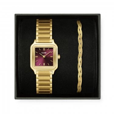 Cluse Ladies Gracieuse Petite Dark Cherry Dial Gold Tone Stainless Steel Watch & Braided Snake Gold Tone Bracelet Gift Box