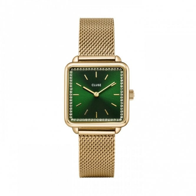 Cluse  Ladies La Tétragone CZ Green Dial Gold Tone Stainless Steel Mesh Strap Watch