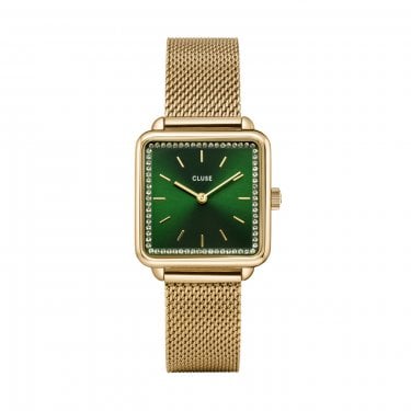 Cluse Ladies La Tétragone CZ Green Dial Gold Tone Stainless Steel Mesh Strap Watch
