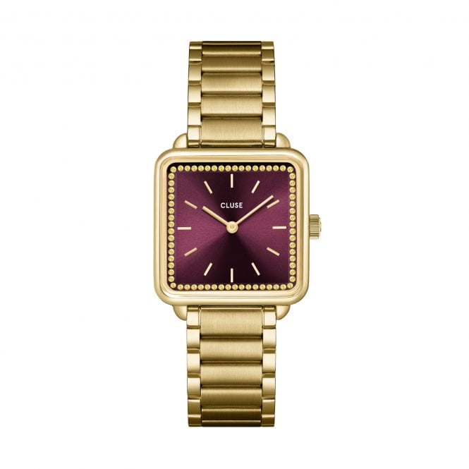 Cluse  Ladies La Tétragone CZ Wine Dial Gold Tone Stainless Steel Watch 
