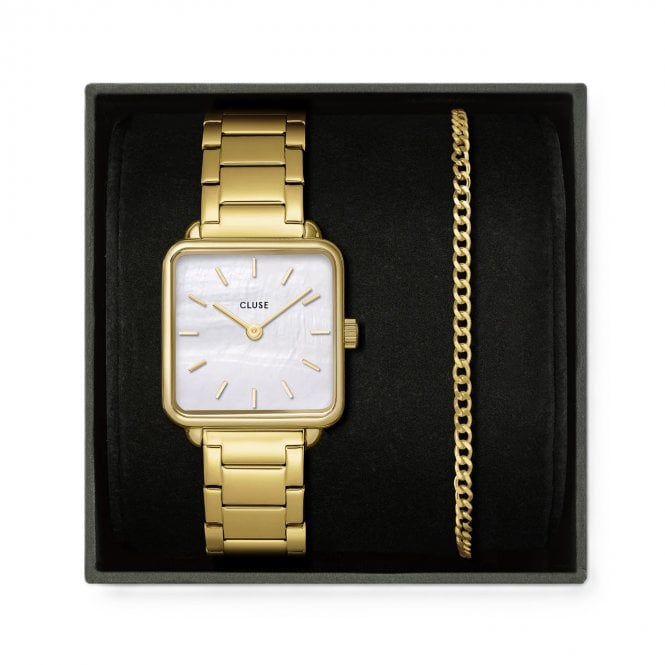 Cluse  Ladies La Tétragone Gold Tone Stainless Steel Watch & Curb Chain Gold Tone Bracelet Gift Box