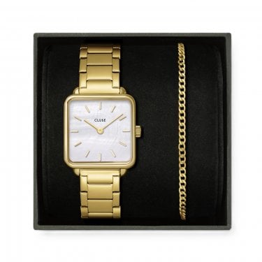 Cluse Ladies La Tétragone Gold Tone Stainless Steel Watch & Curb Chain Gold Tone Bracelet Gift Box