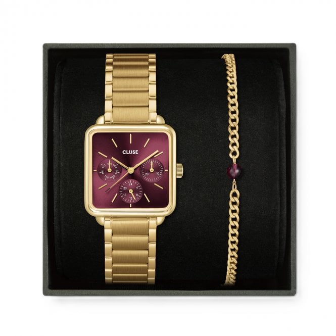 Cluse  Ladies La Tétragone Multifunction Wine Dial Gold Tone Stainless Steel Watch & Bead Gold Tone Bracelet Gift Box