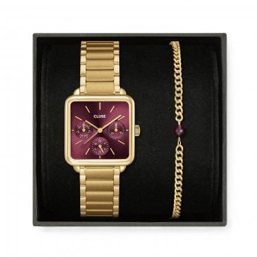 Cluse Ladies La Tétragone Multifunction Wine Dial Gold Tone Stainless Steel Watch & Bead Gold Tone Bracelet Gift Box