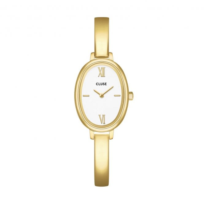 Cluse  Ladies L'Ovale White Dial Gold Tone Stainless Steel Bangle Strap Watch  