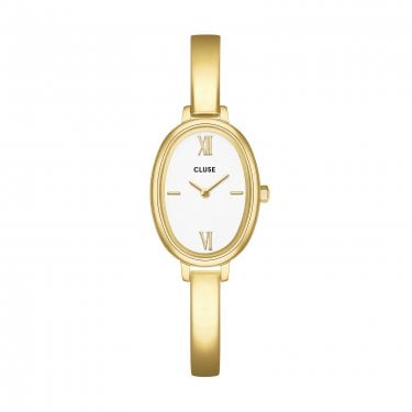 Cluse Ladies L'Ovale White Dial Gold Tone Stainless Steel Bangle Strap Watch  