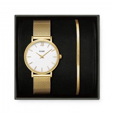Cluse Ladies Minuit Gold Tone Stainless Steel Mesh Strap Watch & Flat Snake Gold Tone Bracelet Gift Box