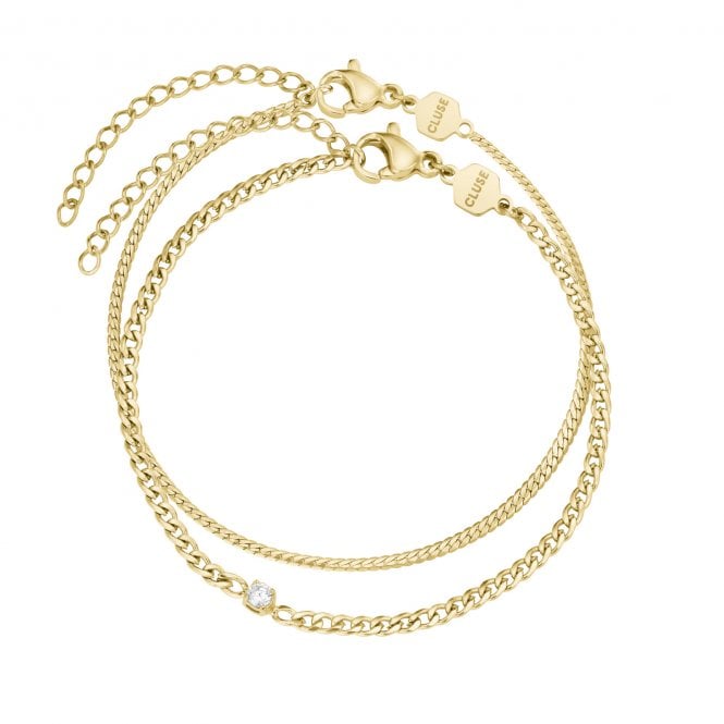 Cluse  Élevé CZ Flat Snake Chain Gold Tone Bracelet Set 16 - 20cm
