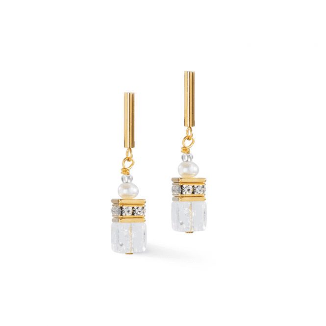 Coeur De Lion  GeoCUBE® Fusion Precious Pearl Mix Gold-White Gold Tone Drop Earrings 0.6 x 3.5cm