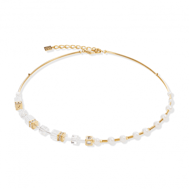 Coeur De Lion  GeoCUBE® Fusion Precious Pearl Mix Gold-White Gold Tone Necklace 0.6cm, 42cm + 6cm