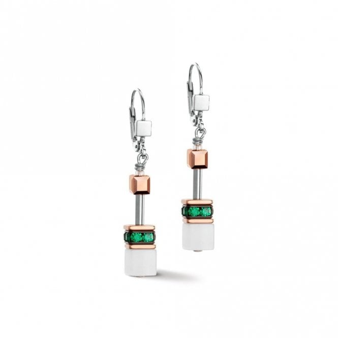 Coeur De Lion  Geocube Iconic Dark Green-White Drop Earrings 4cm