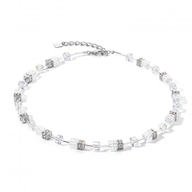Coeur De Lion  Geocube Iconic Nature Silver & White Necklace 0.6cm, 42cm + 6cm