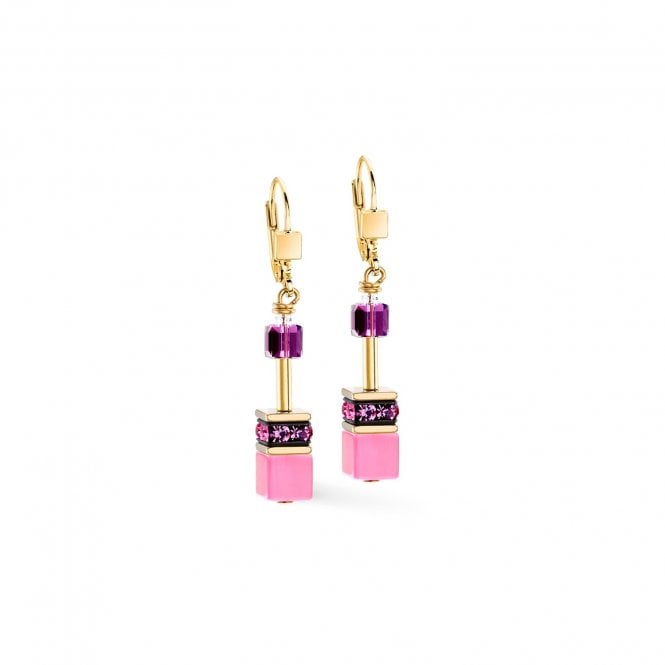 Coeur De Lion  GeoCUBE® Iconic Pink-Lilac Gold Tone Drop Earrings 0.6cm x 4cm