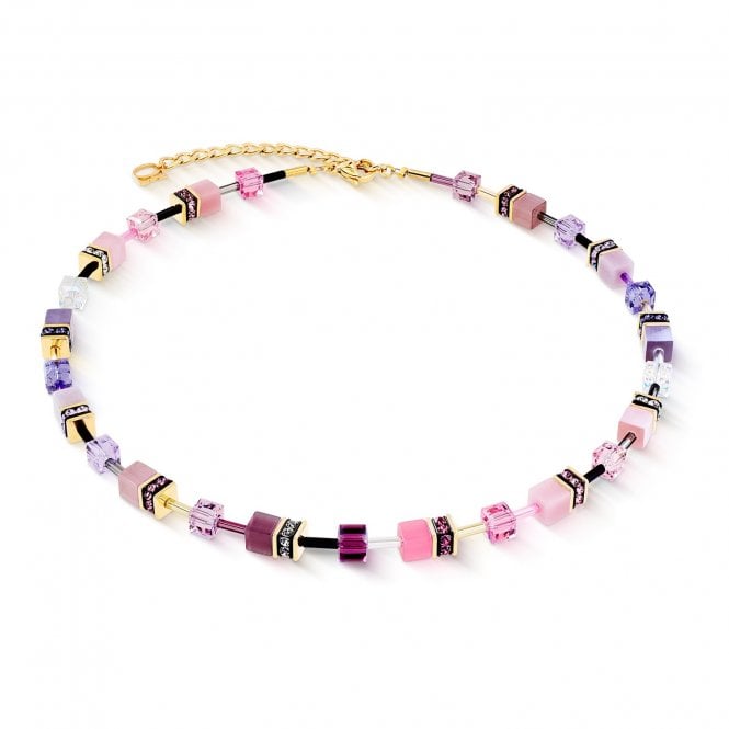 Coeur De Lion  GeoCUBE® Iconic Pink-Lilac Gold Tone Necklace 0.6cm, 42cm + 6cm