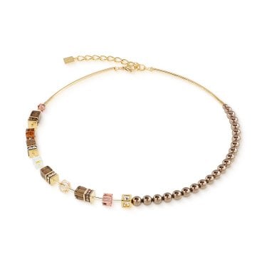 Coeur De Lion GeoCUBE® Precious Fusion Pearls Mocha Mousse Gold Tone Necklace 0.6cm, 42cm + 6cm