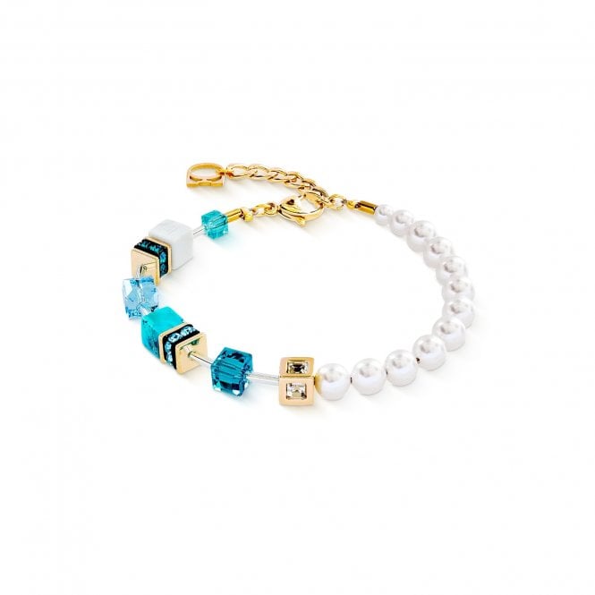 Coeur De Lion  GeoCUBE® Precious Fusion Pearls Turquoise Gold Tone Bracelet 0.6cm, 18cm + 3cm
