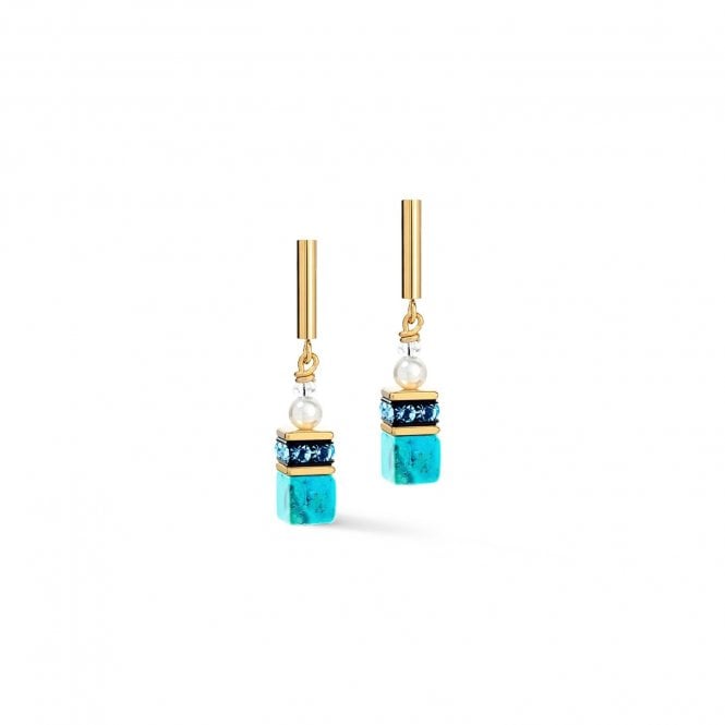 Coeur De Lion  GeoCUBE® Precious Fusion Pearls Turquoise Gold Tone Drop Earrings 0.6cm x 3.4cm