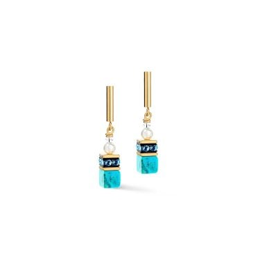 Coeur De Lion GeoCUBE® Precious Fusion Pearls Turquoise Gold Tone Drop Earrings 0.6cm x 3.4cm